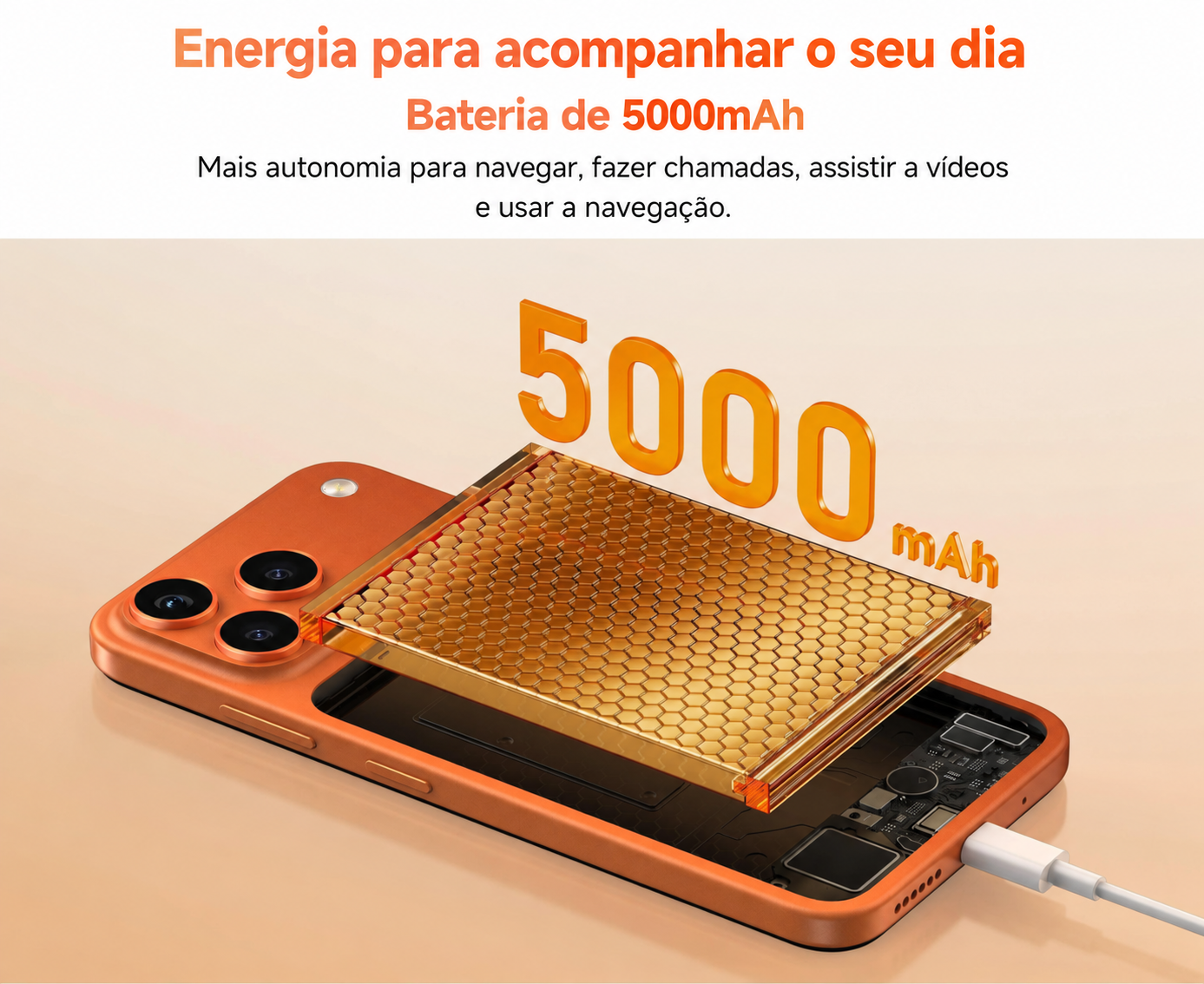 Energia para acompanhar o seu dia. Bateria de 5000mAh para navegar, fazer chamadas, assistir a vídeos e usar a navegação.
