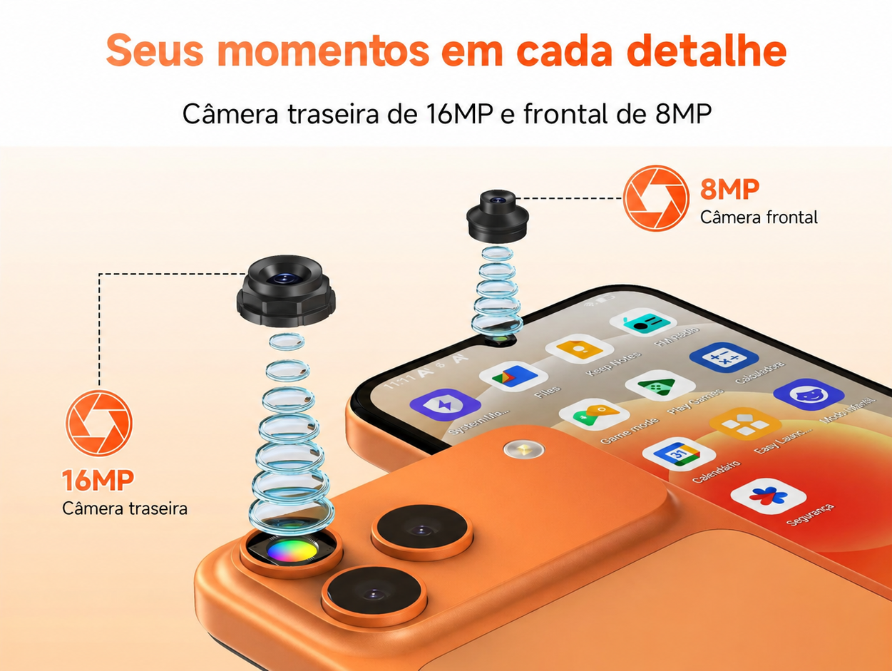 Seus momentos em cada detalhe. Câmera traseira de 16MP com IA e câmera frontal de 8MP.