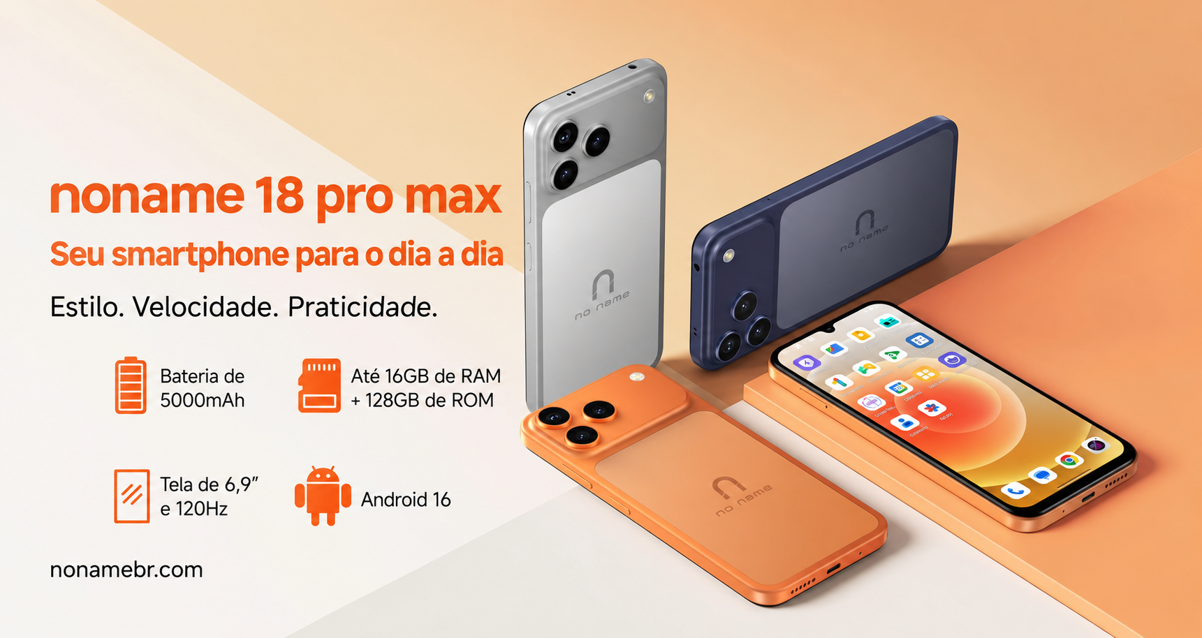 noname 18 pro max. Seu smartphone para o dia a dia. Bateria de 5000mAh, até 16GB de RAM, 128GB de ROM, tela de 6,9 polegadas e 120Hz, Android 16.