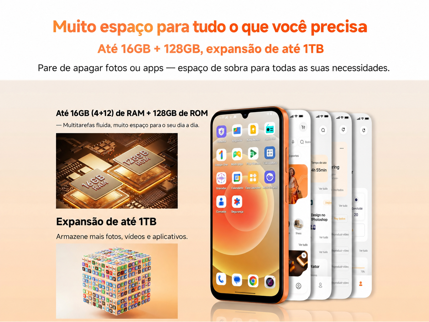 Muito espaço para tudo o que você precisa. 4GB de RAM física e até 12GB de RAM expandida, 128GB de ROM e expansão por cartão TF de até 1TB.