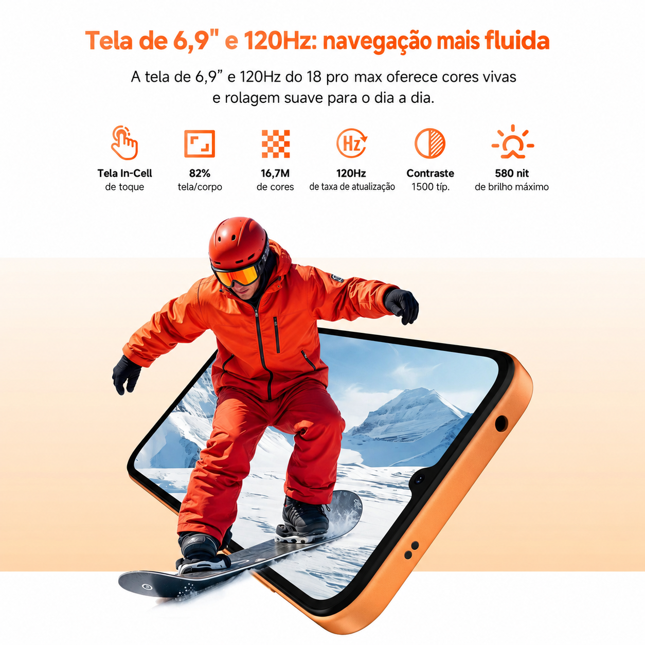 Tela de 6,9 polegadas e 120Hz. Painel In-Cell, 82% de proporção tela/corpo, 16,7 milhões de cores, contraste típico de 1500 e brilho máximo de 580 nit.