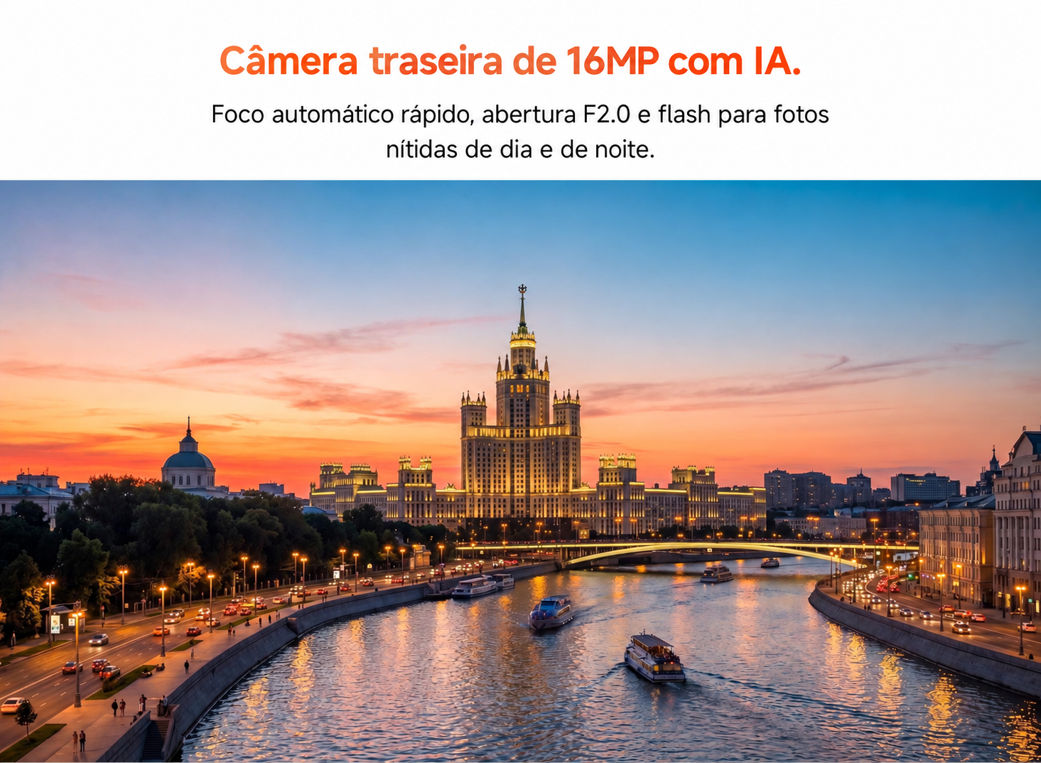 Câmera traseira de 16MP com IA. Foco automático rápido, abertura F2.0 e flash para fotos nítidas de dia e de noite.