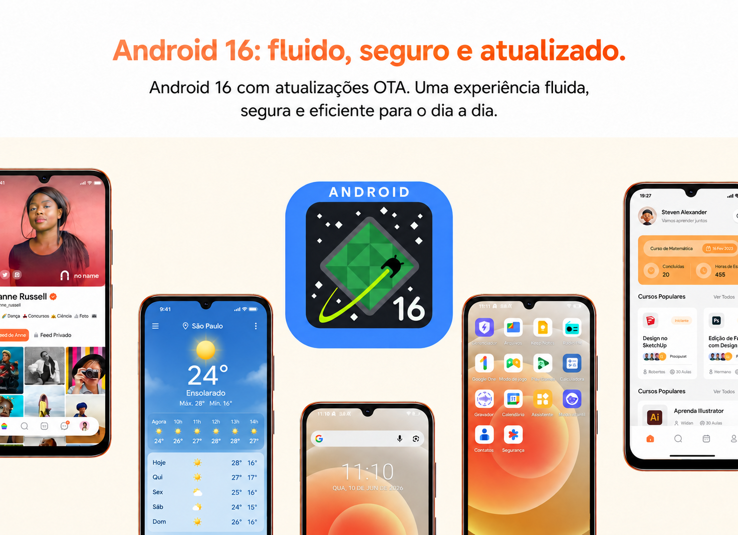 Android 16. Sistema Android 16 com atualizações OTA para uma experiência fluida e eficiente.