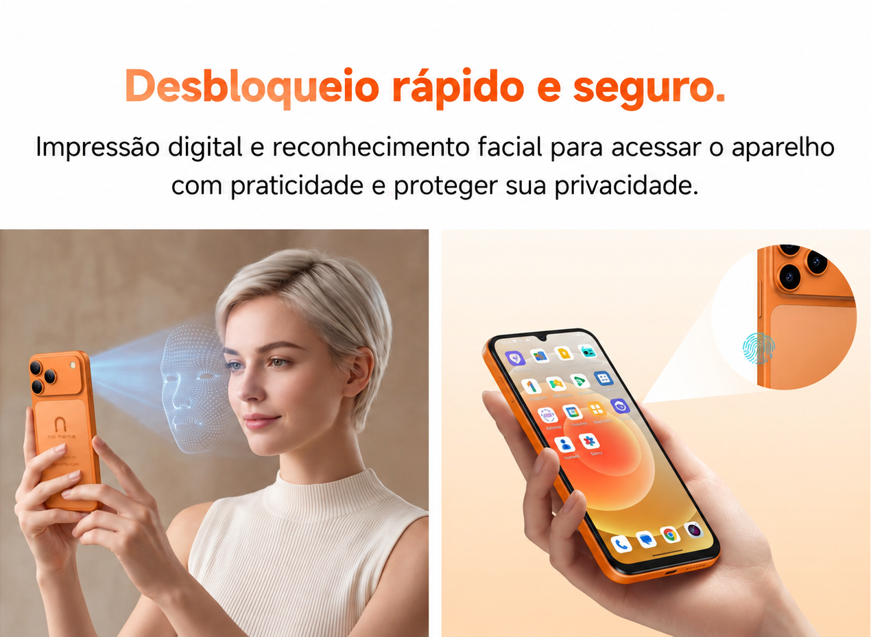 Desbloqueio rápido e seguro. Impressão digital e reconhecimento facial.
